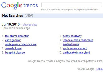The Obama Deception tops Google Trends on July 16, 2010