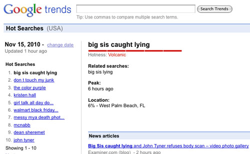 'Big Sis Caught Lying' hits #1 on Google Trends, November 15, 2010