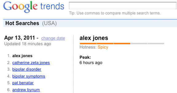 'Alex Jones' number 1 Google Trend, Wednesday April 13, 2011.