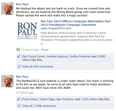 Message on Ron Paul's facebook acknowledges hack attack.