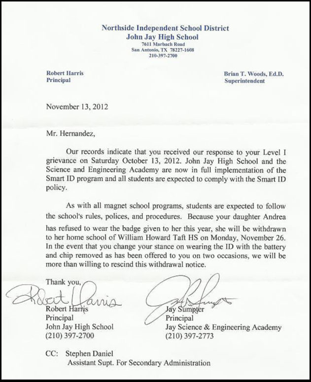 Letter from John Jay High School withdrawing Andrea Hernandez for not submitting to the RFID tracking ID badges.