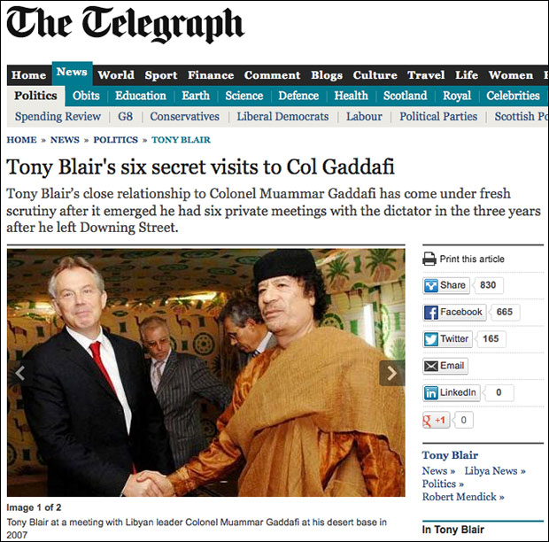 Former British Prime Minister Blair was flown to Libya twice at Gaddafi's expense before the Libyan leader was murdered. 