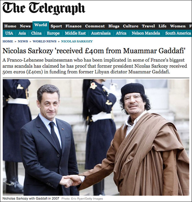 Gaddafi funded French president Sarkozy's campaign before France joined effort to invade Libya and kill Sarkozy's benefactor. 