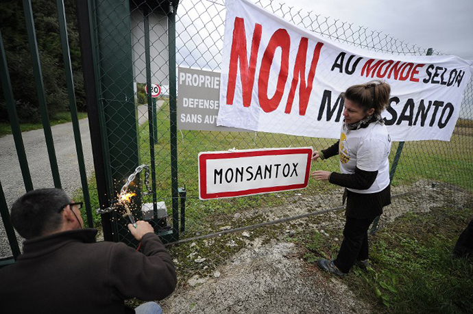 Anti-GMO (genetically modified foods) protestors put a chain at the site entrance of US seed company Monsanto on October 12, 2013 during a day of action against the company, in Monbequi, southern France. Banner (R) reads: "No to a world according to Monsanto". (AFP Photo / Pascal Pavani)