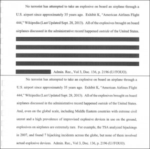 Redaction shows TSA is aware explosives on airplanes "are extremely rare.' (click to enlarge)