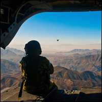The mountains of Afghanistan seen from the back of a CH-47D Chinook helicopter. Credit: U.S. Army