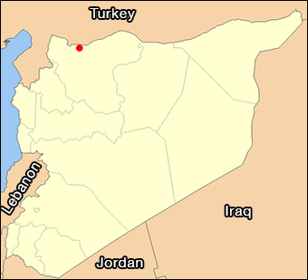 The red dot shows the approximate location of Tel Abiad, which is on the shared border of Turkey and Syria.  Base image: NordNordWest via Wiki
