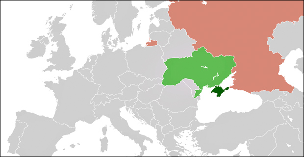 A map of Eurasia with Ukraine highlighted in green, Crimea highlighted in dark green and Russia highlighted in salmon. (Schwarzorange / Wiki)