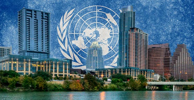 U.N. Agenda 21 encourages cities to take land rights away from private owners.  Photo credits: Austin skyline by jrandallc / Flickr, U.N. background by Nicolas Raymond / Flickr