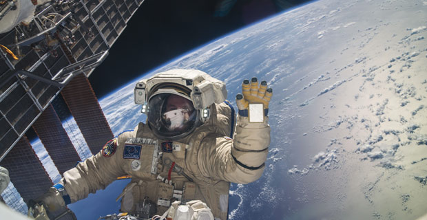 "Russian cosmonaut Sergey Ryazanskiy, Expedition 37 flight engineer, attired in a Russian Orlan spacesuit, is pictured during a session of extravehicular activity (EVA)" on 9 November 2013. / Credit: NASA.gov